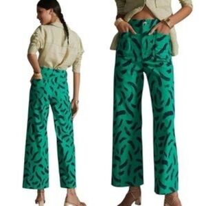 NWT Maeve by Anthropologie Green Brushstroke Patterned Wide Leg Pants Size 26